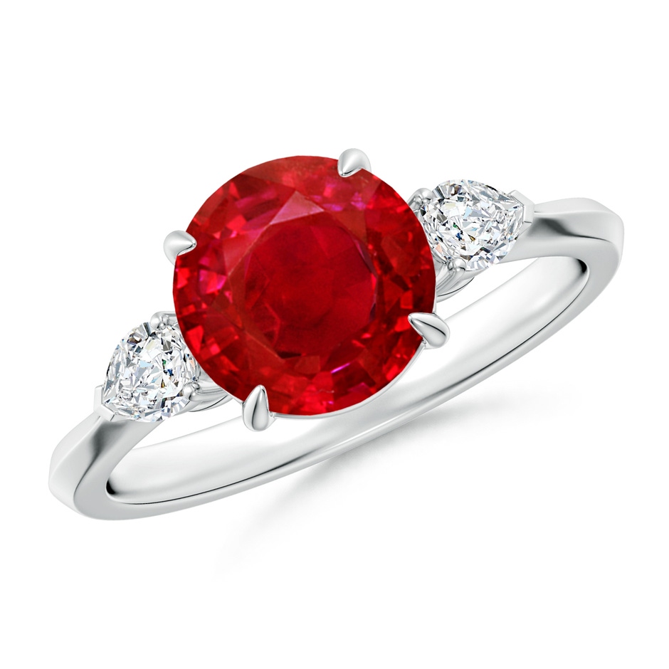 8mm AAA Round Ruby and Pear Diamond Three Stone Engagement Ring in White Gold 