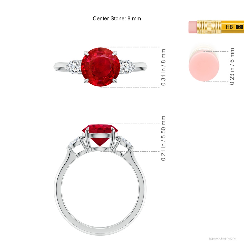 8mm AAA Round Ruby and Pear Diamond Three Stone Engagement Ring in White Gold ruler