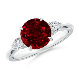 8mm AAAA Round Ruby and Pear Diamond Three Stone Engagement Ring in P950 Platinum