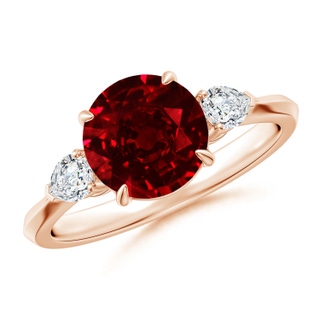 8mm AAAA Round Ruby and Pear Diamond Three Stone Engagement Ring in Rose Gold