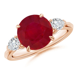 9mm AA Round Ruby and Pear Diamond Three Stone Engagement Ring in Rose Gold