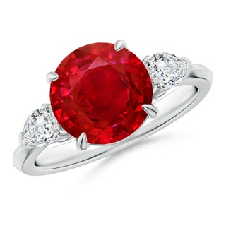 9mm AAA Round Ruby and Pear Diamond Three Stone Engagement Ring in P950 Platinum
