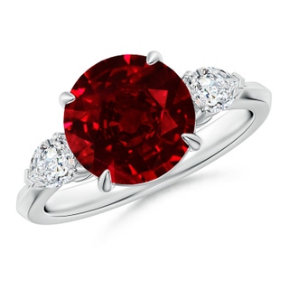 9mm AAAA Round Ruby and Pear Diamond Three Stone Engagement Ring in P950 Platinum