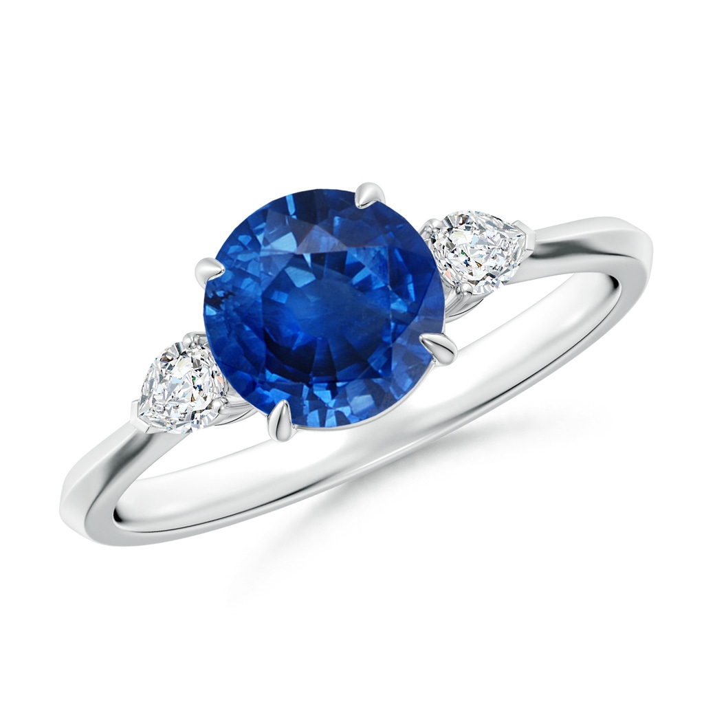 7mm AAA Round Blue Sapphire and Pear Diamond Three Stone Engagement Ring in White Gold