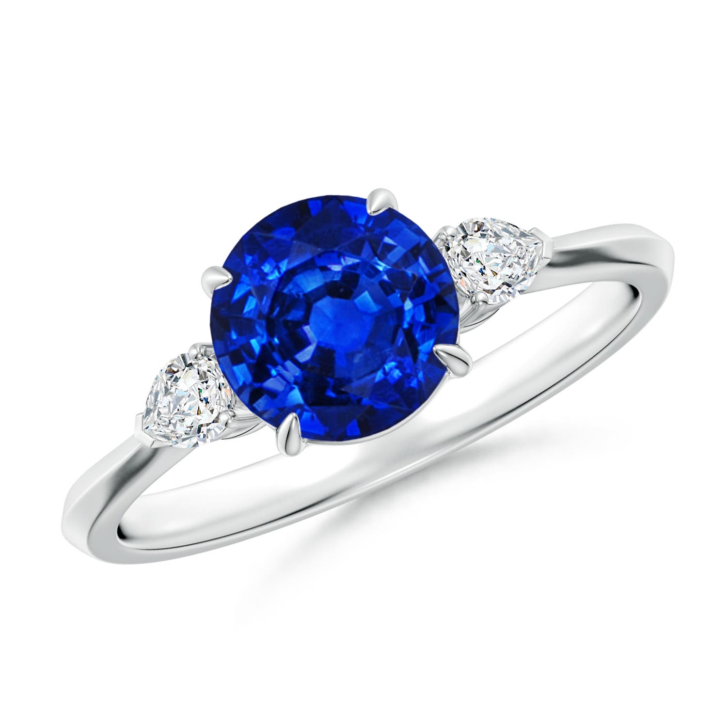 7mm AAAA Round Blue Sapphire and Pear Diamond Three Stone Engagement Ring in 18CT White Gold