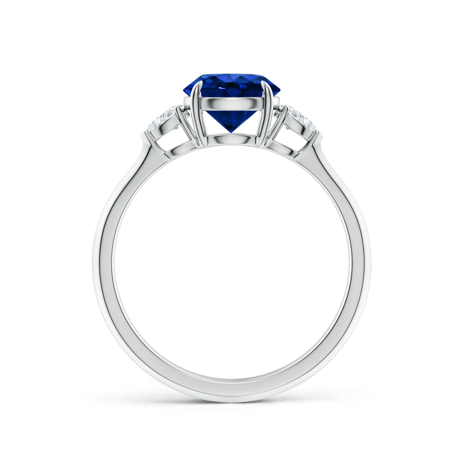 7mm AAAA Round Blue Sapphire and Pear Diamond Three Stone Engagement Ring in 18K White Gold