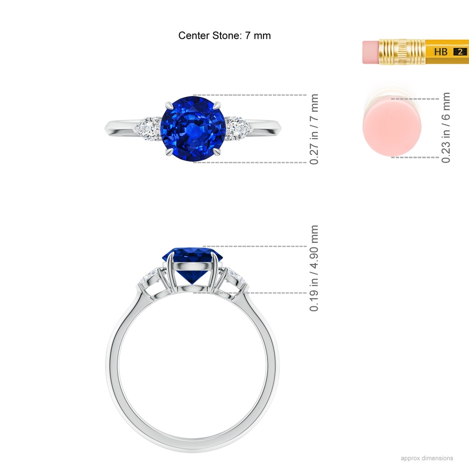 7mm Lab-Grown Round Blue Sapphire and Pear Diamond Three Stone Engagement Ring in P950 Platinum ruler
