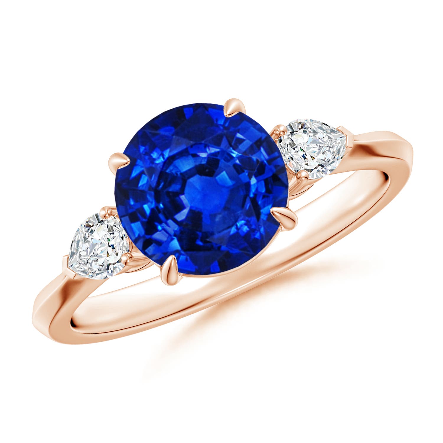 8mm AAAA Round Blue Sapphire and Pear Diamond Three Stone Engagement Ring in 18K Rose Gold