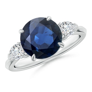 9mm AA Round Blue Sapphire and Pear Diamond Three Stone Engagement Ring in P950 Platinum