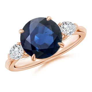 9mm AA Round Blue Sapphire and Pear Diamond Three Stone Engagement Ring in Rose Gold