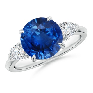 9mm AAA Round Blue Sapphire and Pear Diamond Three Stone Engagement Ring in White Gold