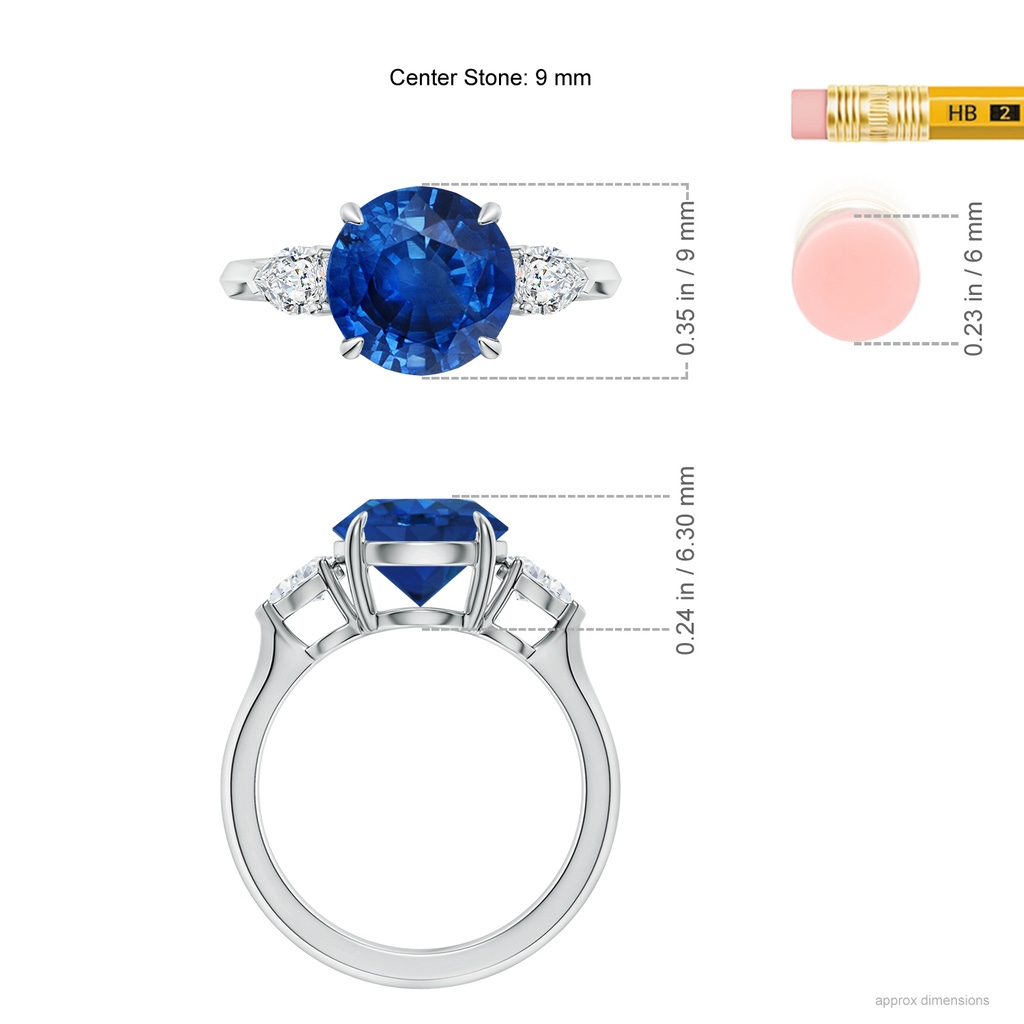 9mm AAA Round Blue Sapphire and Pear Diamond Three Stone Engagement Ring in White Gold ruler