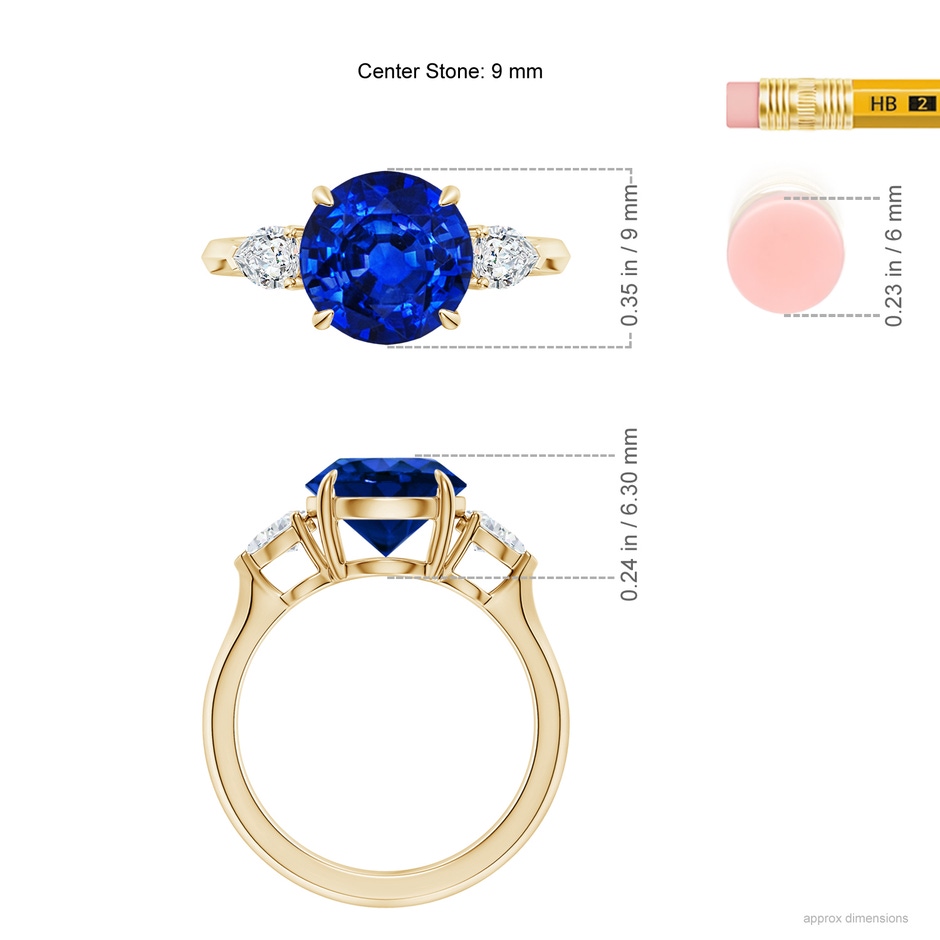 9mm Lab-Grown Round Blue Sapphire and Pear Diamond Three Stone Engagement Ring in 18K Yellow Gold ruler