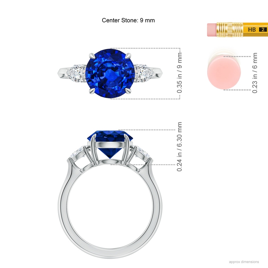 9mm Lab-Grown Round Blue Sapphire and Pear Diamond Three Stone Engagement Ring in P950 Platinum ruler
