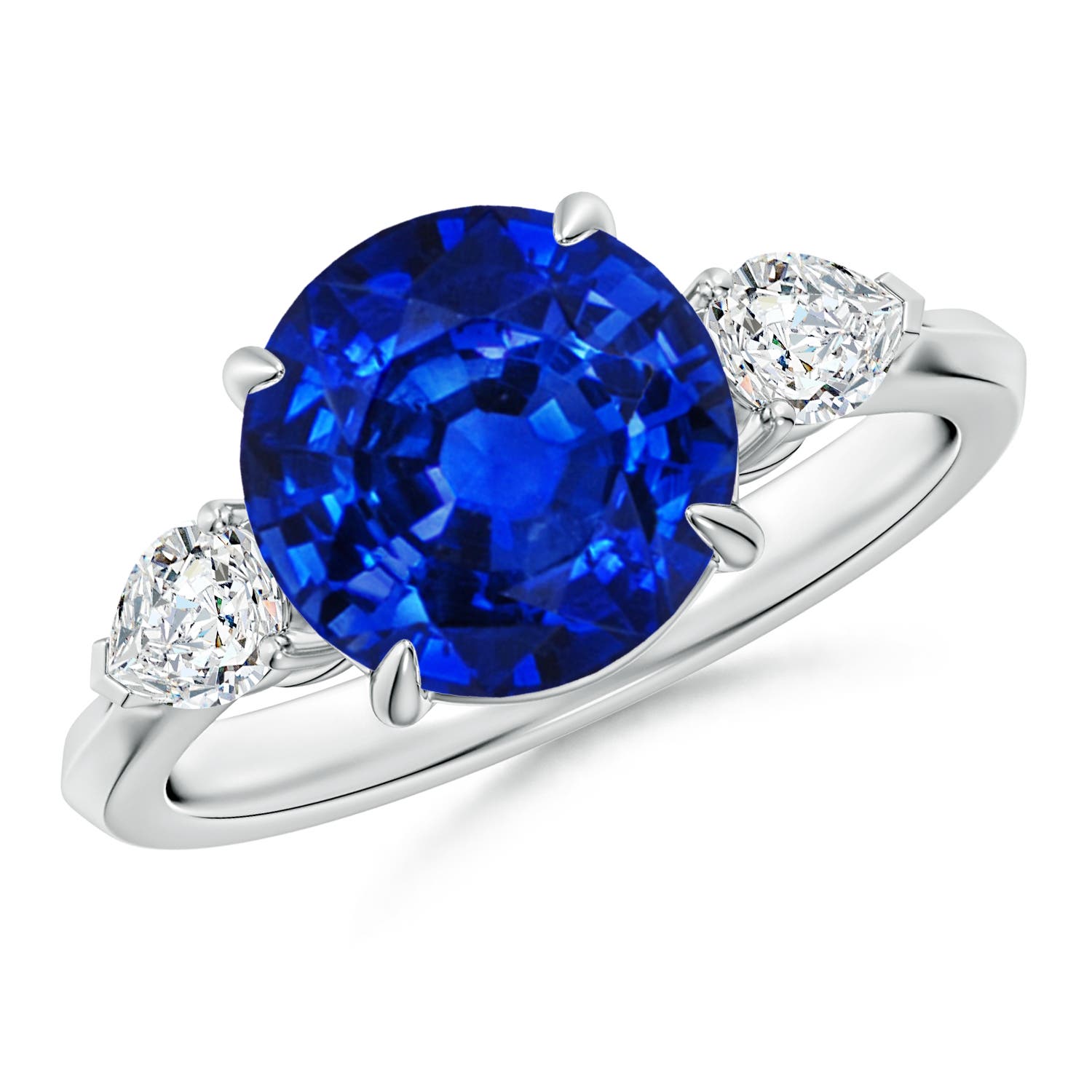 9mm AAAA Round Blue Sapphire and Pear Diamond Three Stone Engagement Ring in White Gold