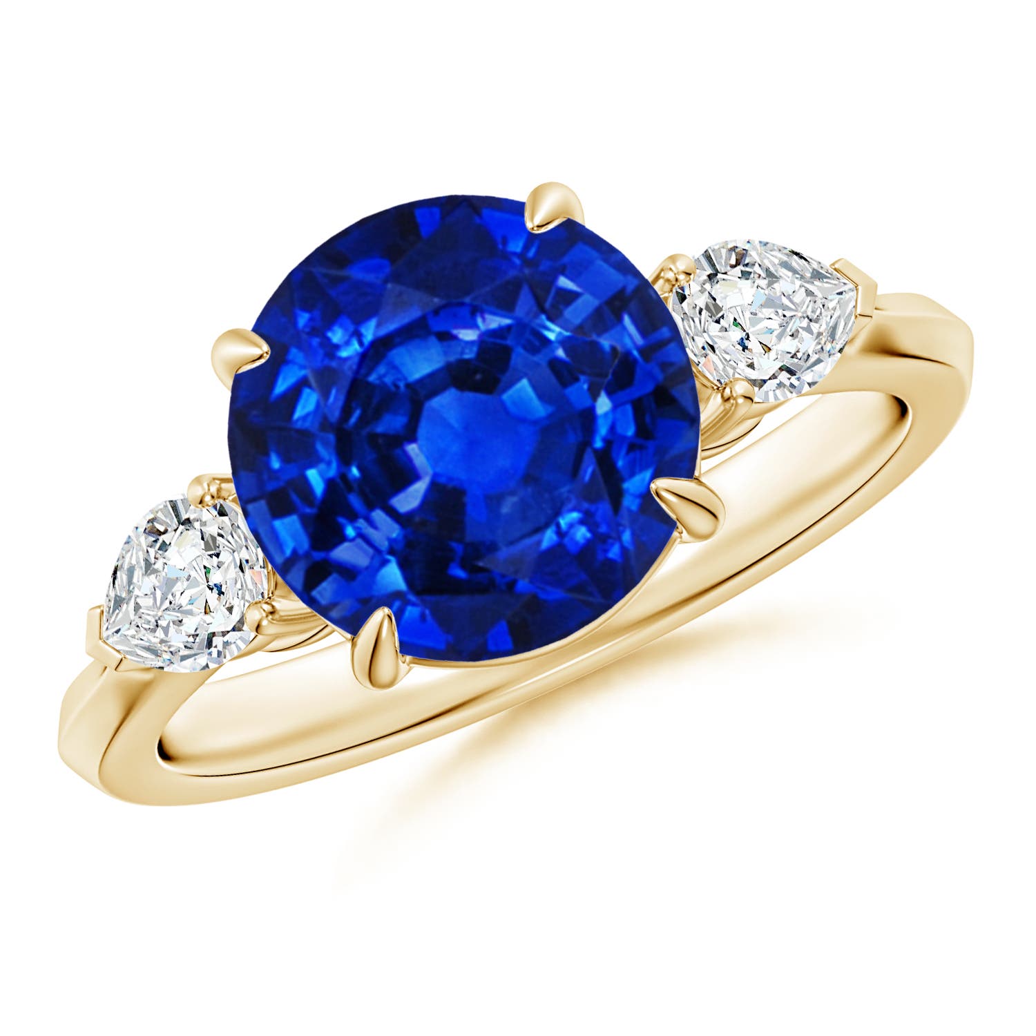 9mm AAAA Round Blue Sapphire and Pear Diamond Three Stone Engagement Ring in Yellow Gold