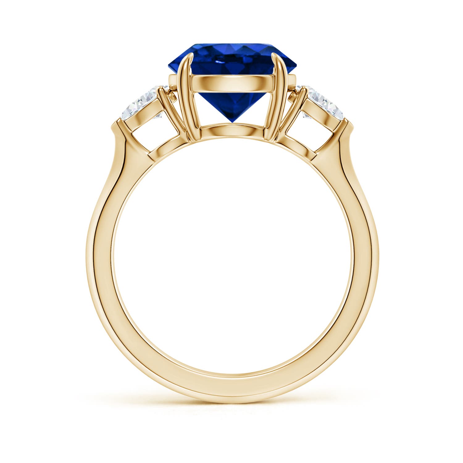 9mm AAAA Round Blue Sapphire and Pear Diamond Three Stone Engagement Ring in Yellow Gold