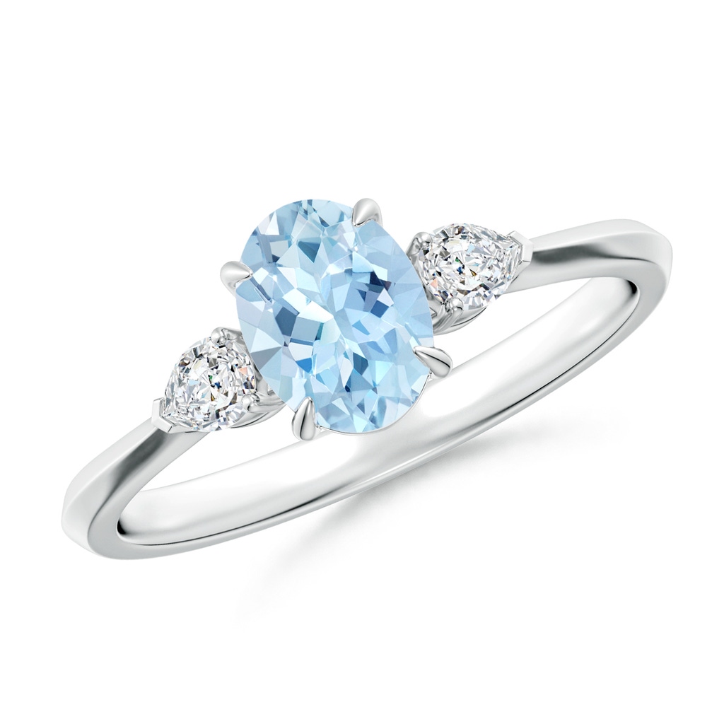 7x5mm AAA Oval Aquamarine and Pear Diamond Three Stone Engagement Ring in White Gold