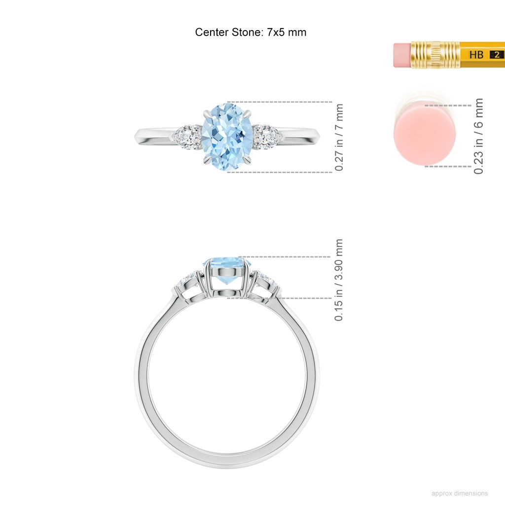 7x5mm AAA Oval Aquamarine and Pear Diamond Three Stone Engagement Ring in White Gold ruler