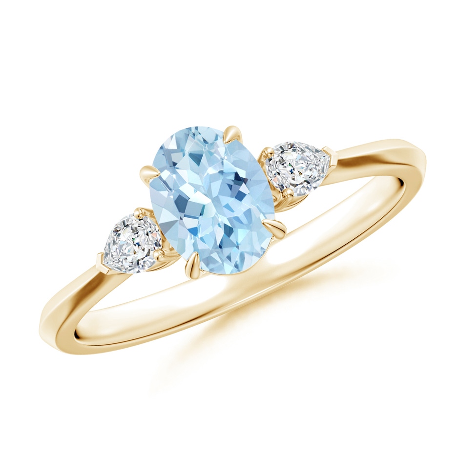 7x5mm AAA Oval Aquamarine and Pear Diamond Three Stone Engagement Ring in Yellow Gold 