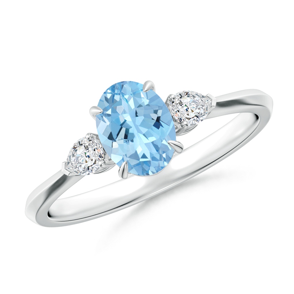 7x5mm AAAA Oval Aquamarine and Pear Diamond Three Stone Engagement Ring in P950 Platinum