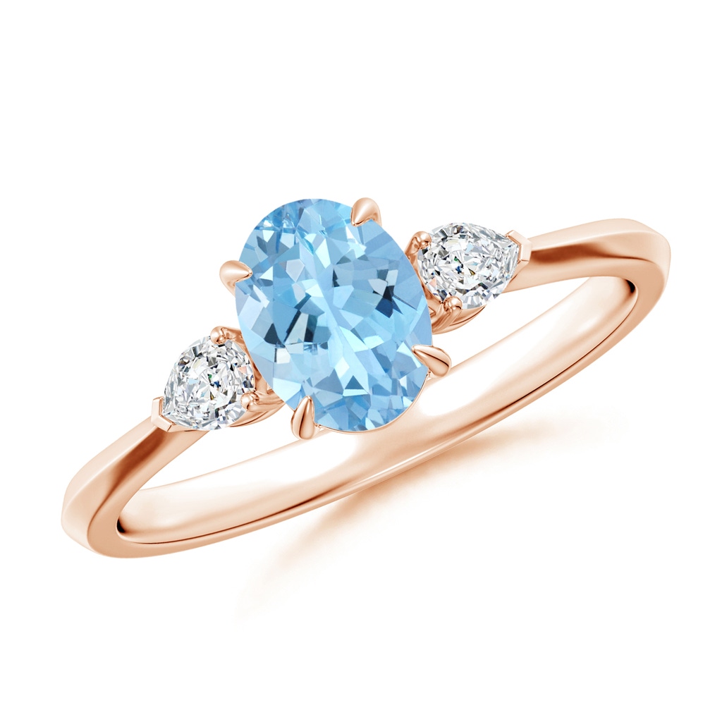 7x5mm AAAA Oval Aquamarine and Pear Diamond Three Stone Engagement Ring in Rose Gold
