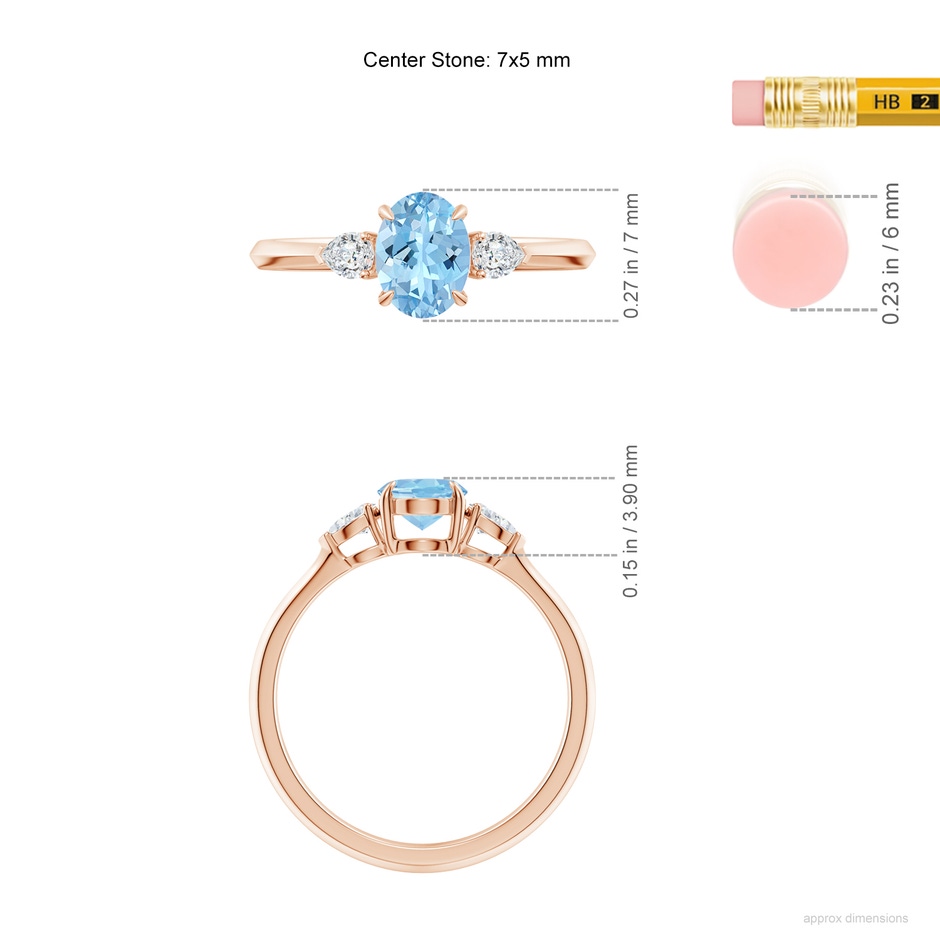7x5mm AAAA Oval Aquamarine and Pear Diamond Three Stone Engagement Ring in Rose Gold ruler