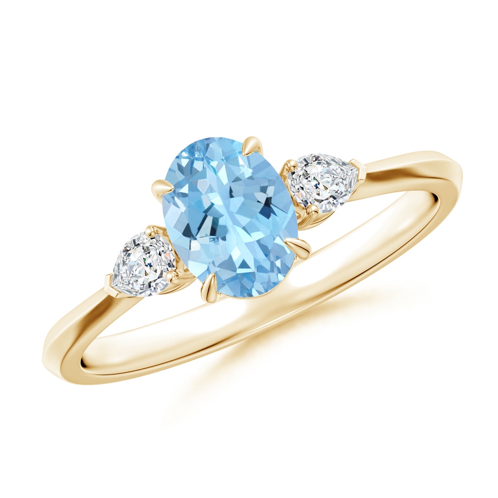 7x5mm AAAA Oval Aquamarine and Pear Diamond Three Stone Engagement Ring in Yellow Gold