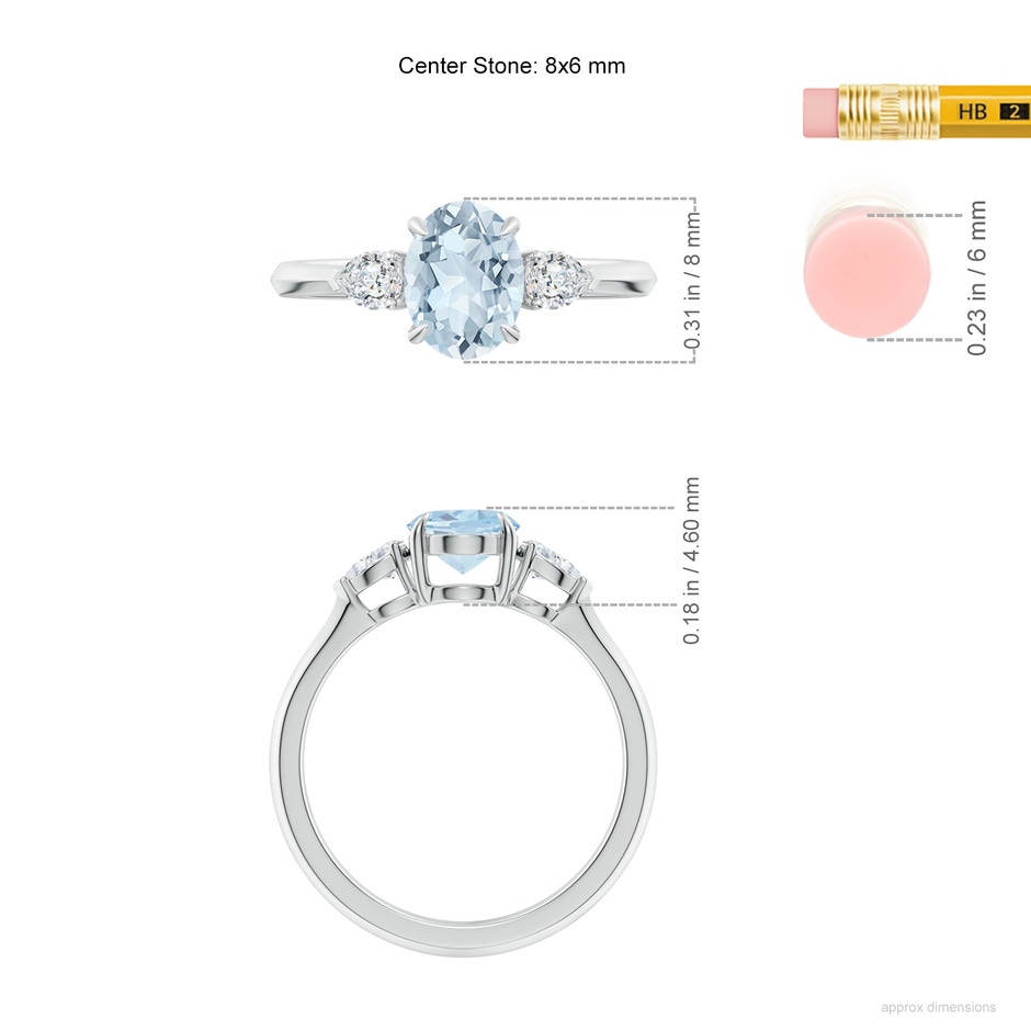 8x6mm A Oval Aquamarine and Pear Diamond Three Stone Engagement Ring in White Gold ruler