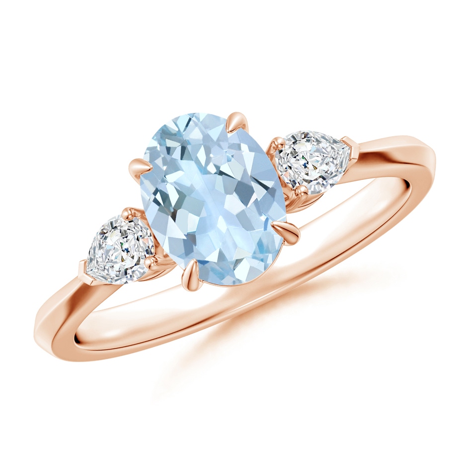 8x6mm AA Oval Aquamarine and Pear Diamond Three Stone Engagement Ring in Rose Gold 