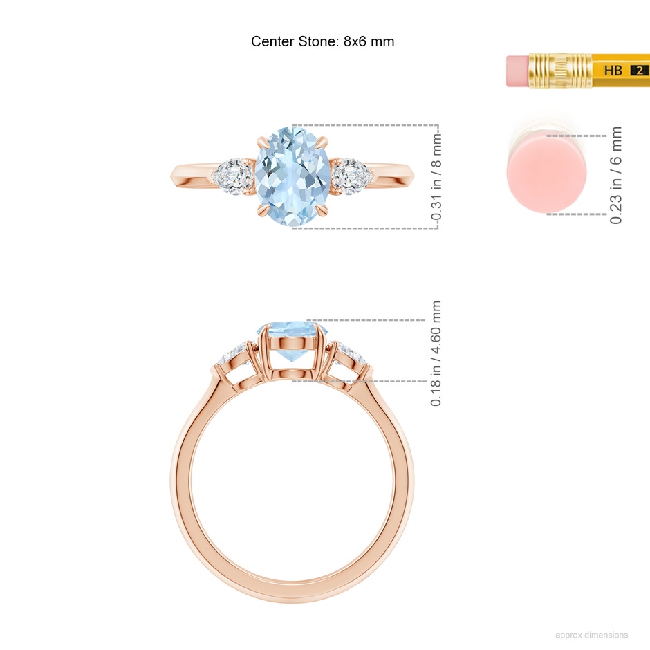 8x6mm AA Oval Aquamarine and Pear Diamond Three Stone Engagement Ring in Rose Gold ruler