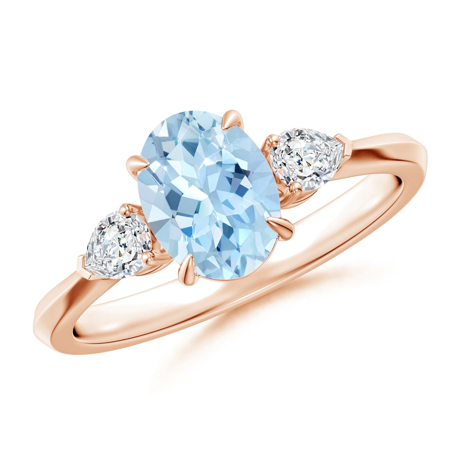 8x6mm AAA Oval Aquamarine and Pear Diamond Three Stone Engagement Ring in Rose Gold 