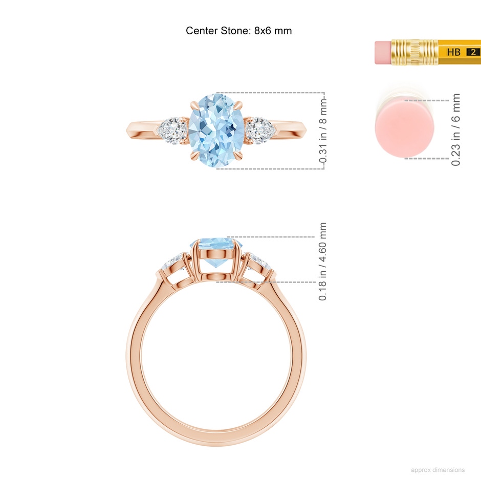 8x6mm AAA Oval Aquamarine and Pear Diamond Three Stone Engagement Ring in Rose Gold ruler
