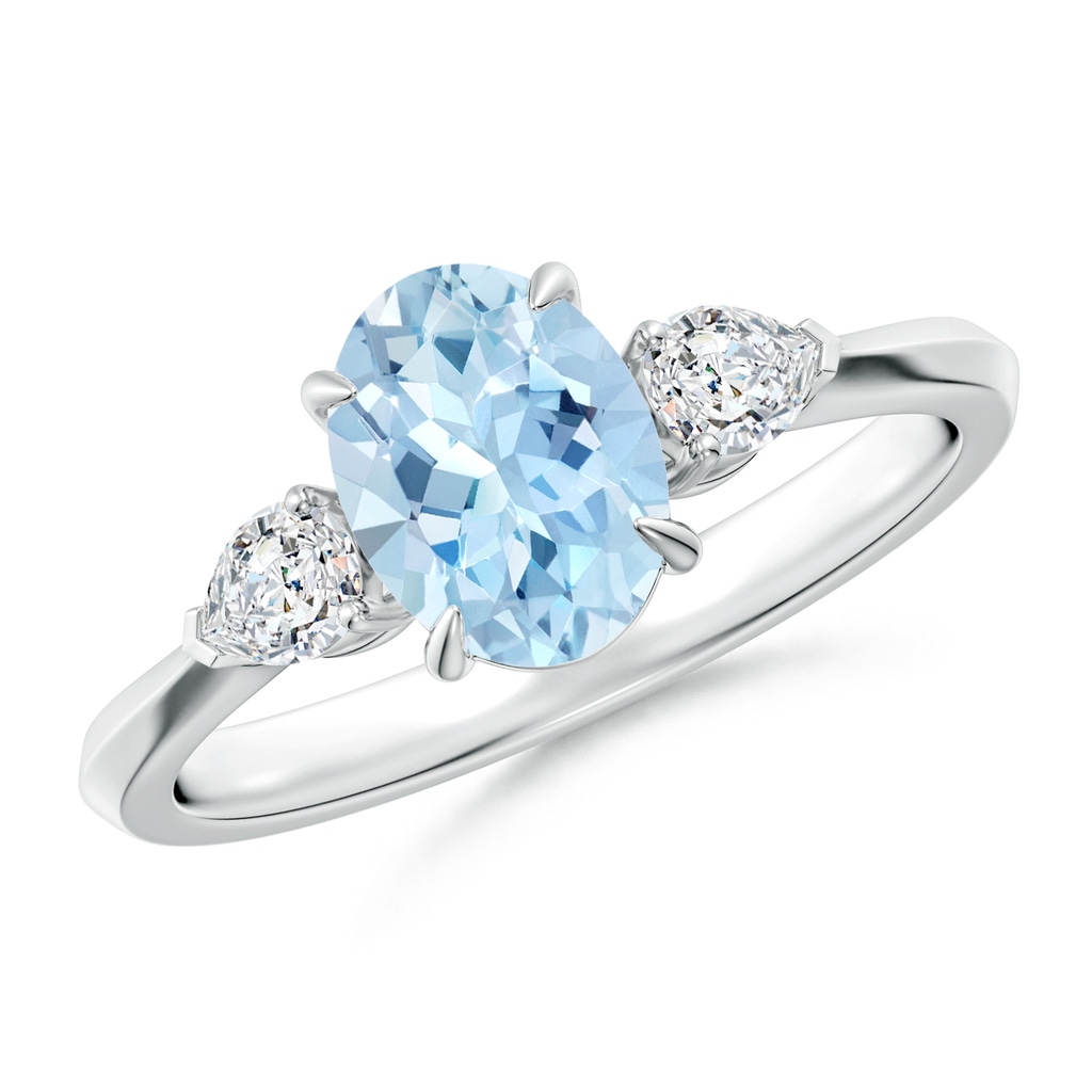 8x6mm AAA Oval Aquamarine and Pear Diamond Three Stone Engagement Ring in White Gold