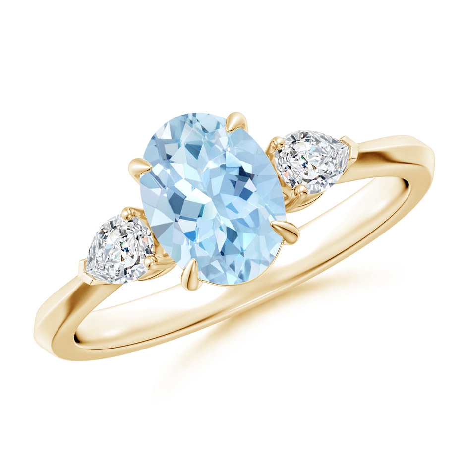 8x6mm AAA Oval Aquamarine and Pear Diamond Three Stone Engagement Ring in Yellow Gold 