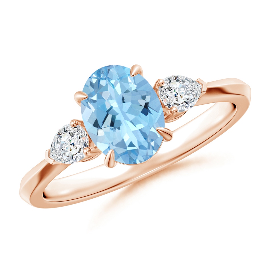 8x6mm AAAA Oval Aquamarine and Pear Diamond Three Stone Engagement Ring in Rose Gold 