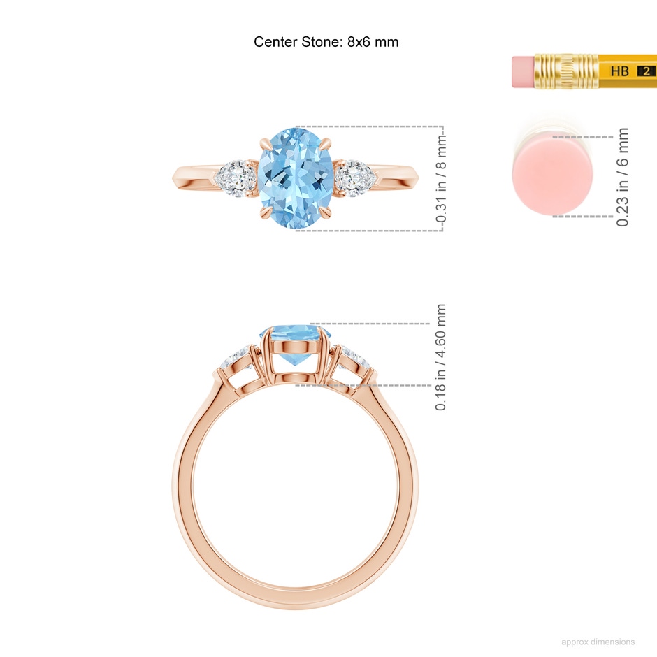 8x6mm AAAA Oval Aquamarine and Pear Diamond Three Stone Engagement Ring in Rose Gold ruler
