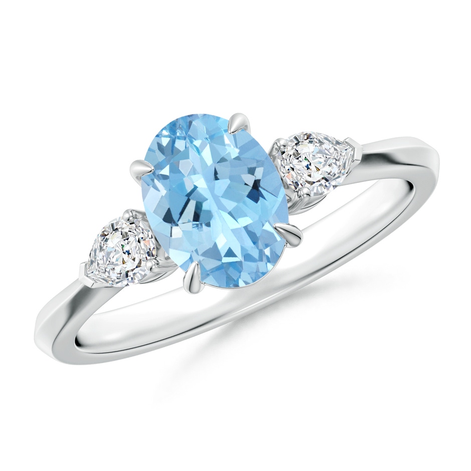 8x6mm AAAA Oval Aquamarine and Pear Diamond Three Stone Engagement Ring in White Gold 