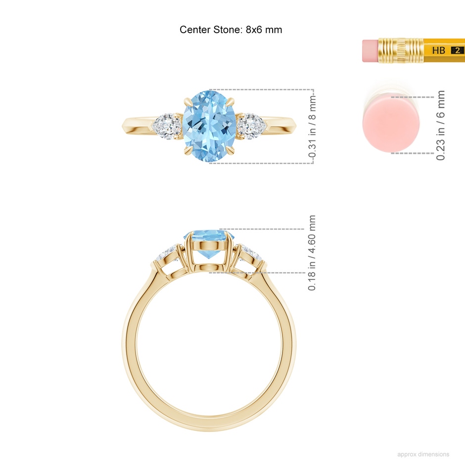 8x6mm AAAA Oval Aquamarine and Pear Diamond Three Stone Engagement Ring in Yellow Gold ruler