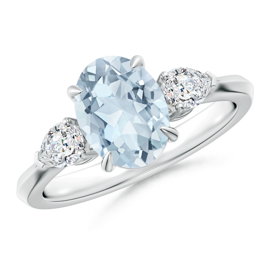 9x7mm A Oval Aquamarine and Pear Diamond Three Stone Engagement Ring in White Gold 