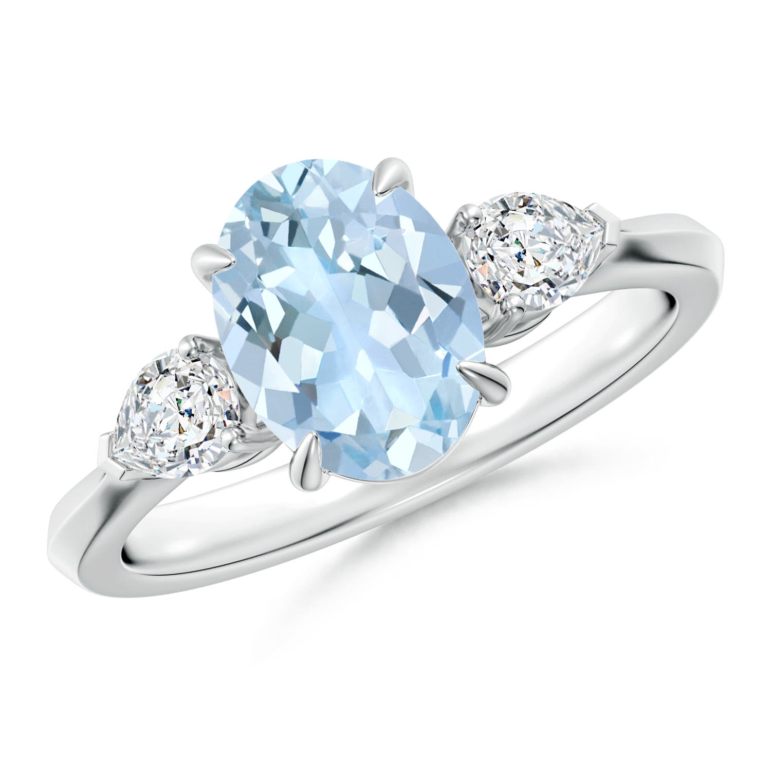 9x7mm AA Oval Aquamarine and Pear Diamond Three Stone Engagement Ring in P950 Platinum