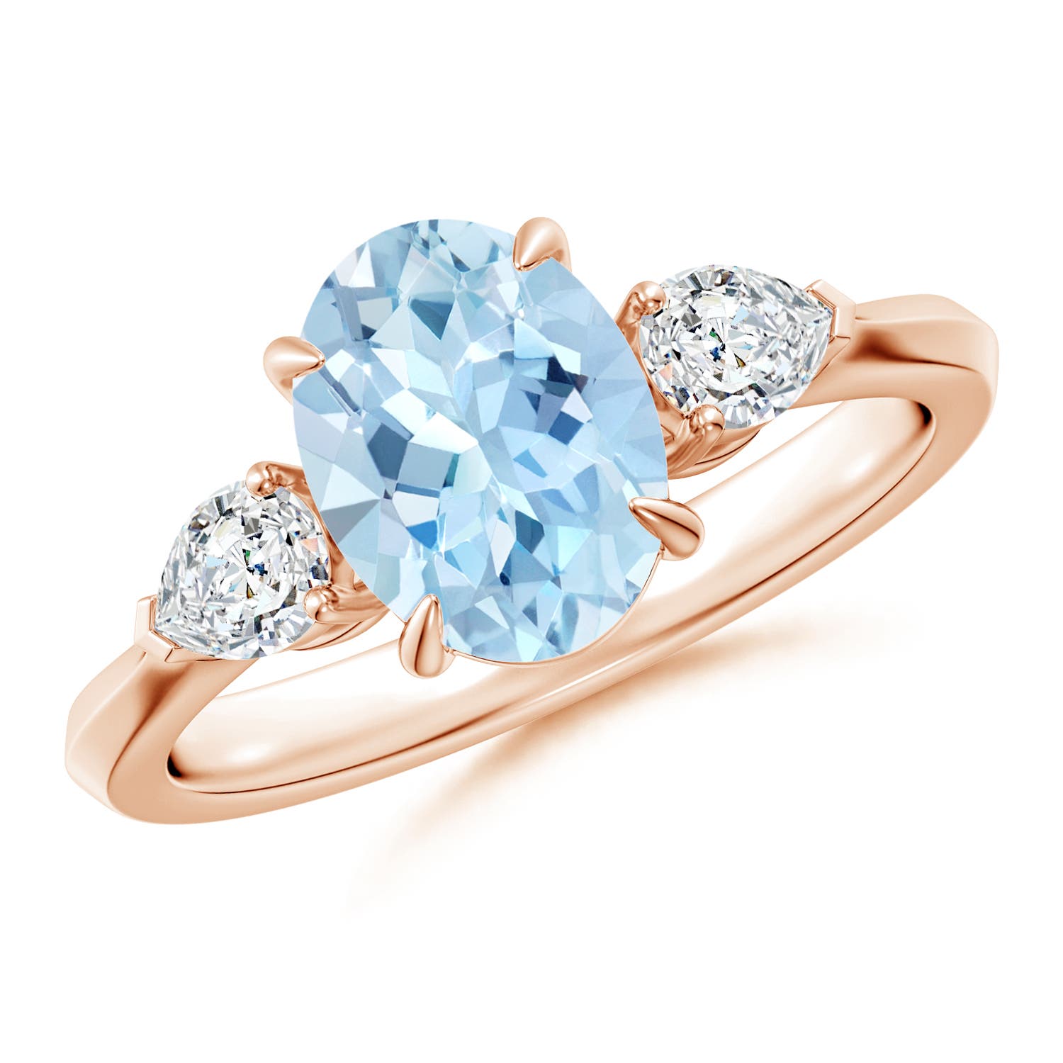 9x7mm AAA Oval Aquamarine and Pear Diamond Three Stone Engagement Ring in Rose Gold