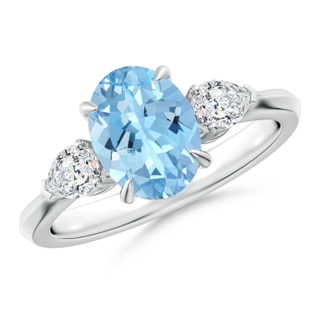 9x7mm AAAA Oval Aquamarine and Pear Diamond Three Stone Engagement Ring in P950 Platinum