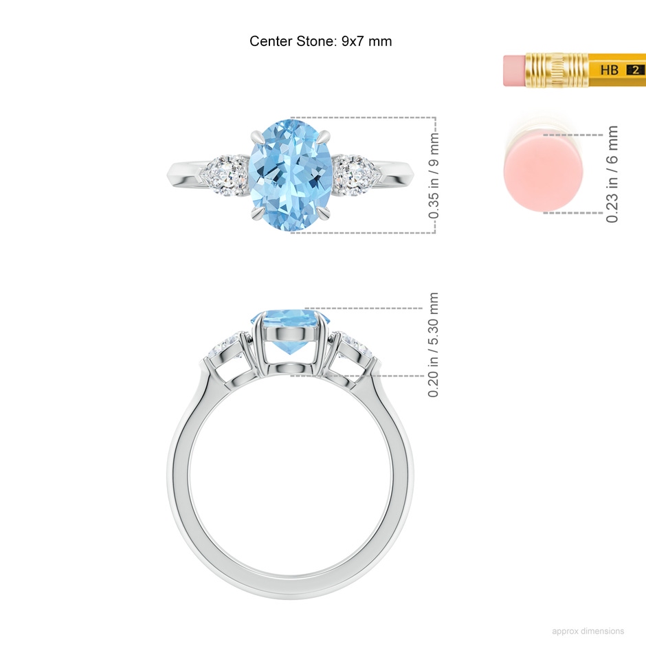 9x7mm AAAA Oval Aquamarine and Pear Diamond Three Stone Engagement Ring in P950 Platinum ruler