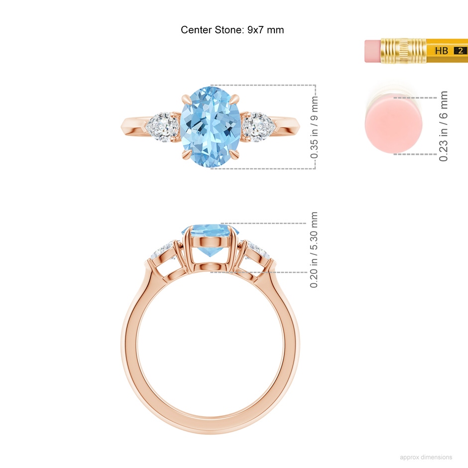 9x7mm AAAA Oval Aquamarine and Pear Diamond Three Stone Engagement Ring in Rose Gold ruler