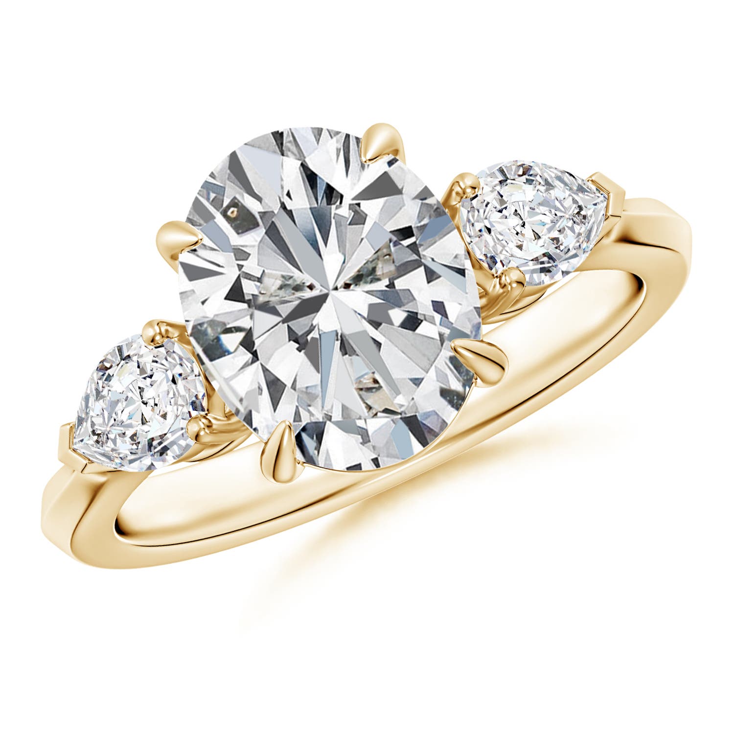 Angara 2.9 CTW Oval Diamond and Pear Diamond Three Stone Engagement Ring in 18K Yellow Gold