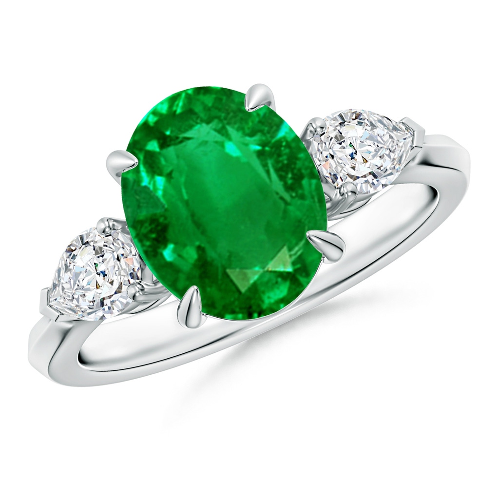 10x8mm AAAA Oval Emerald and Pear Diamond Three Stone Engagement Ring in P950 Platinum