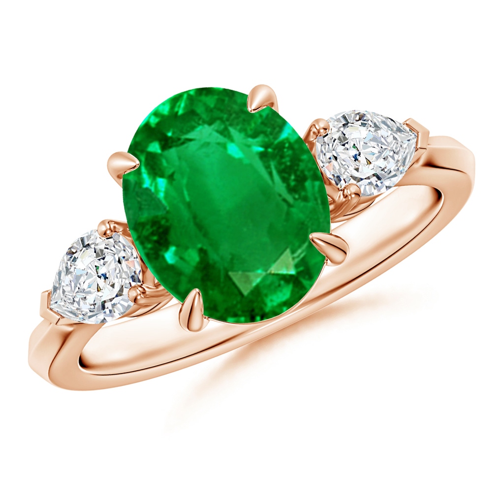 10x8mm AAAA Oval Emerald and Pear Diamond Three Stone Engagement Ring in Rose Gold