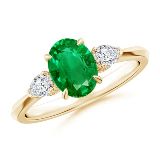 8x6mm AAA Oval Emerald and Pear Diamond Three Stone Engagement Ring in Yellow Gold
