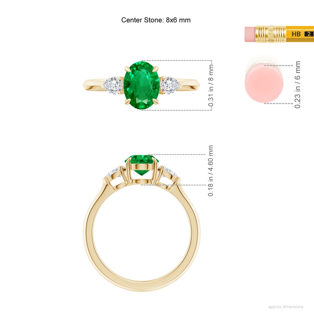 8x6mm AAA Oval Emerald and Pear Diamond Three Stone Engagement Ring in Yellow Gold ruler